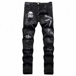 Printemps 2022 Nouveau jean noir déchiré pour hommes Fi crâne broderie pantalon extensible mince discothèque moto tendance vêtements v3r0 #