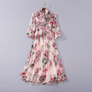 Lente 3/4 mouw ronde nek roze jurk bloemenprint chiffon lint stropdas boog paneel medio kalf elegante casual jurken 21d160723