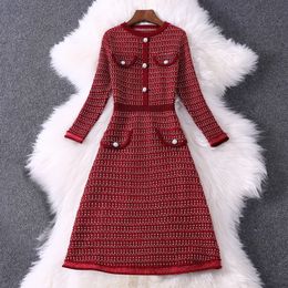 Printemps 4 5 manches longues col rond rouge plaid tricoté lambrissé boutons courte mini robe élégante robes décontractées md3188210