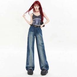 Spring American Style High Street Losse Wide Leg Jeans for Dames 2024 Nieuwe losse en afslanke rechte beenbroek