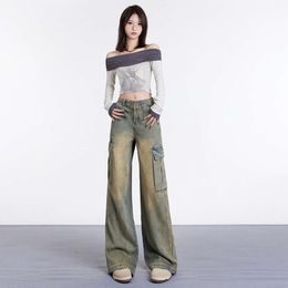Spring American Style Workwear Pants voor vrouwen in 2024 Nieuwe High Street Short Losse Fitting High Tailed Wide Leg Denim Pants