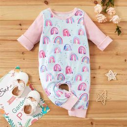 Lente en herfst 2-delig Baby Rainbow Allover Jumpsuits met hoofdband voor meisje 210528