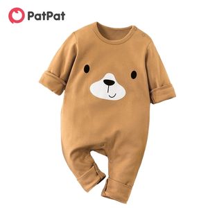 Printemps et automne bébé mignon ours design marron à manches longues une pièce combinaison garçon vêtements 210528