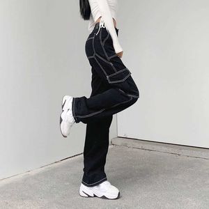 Printemps et automne Jeans noirs Vêtements de rue Sac taille haute Pantalon cargo Harajuku Poches pour femmes Patch Work Pantalon à jambes larges P230602