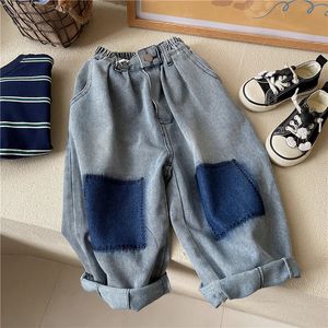 Lente en herfst kinderen contrast wide been jeans contrast losse ontspannen broek voor jongens en meisjes jeans baby kinderbroek 240507