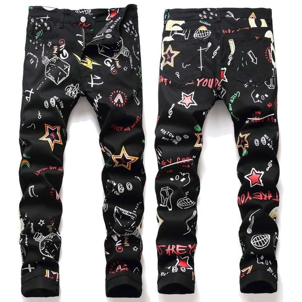 Printemps et automne imprimé coloré élastique coupe ajustée long graffiti personnalisé pantalon à fleurs jean pour hommes