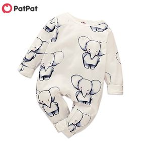 Printemps et automne mignon Allover Elephant combinaison à manches longues en blanc pour bébé acheter des vêtements 210528