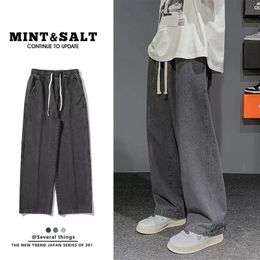 Lente en herfst elastische taille student jeans hoge taille slank uitziende kort losse rechte wide been broek 240410
