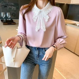 Lente en herfst elegante vrouwen shirt kant kraag lange mouw chiffon blouse kantoor dame stijl blusas mujer 13110 210427