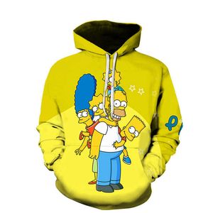 Primavera y otoño Moda Dibujos animados Anime Simpson Impresión digital 3D Sudadera con capucha suelta para hombre Suéter de manga larga