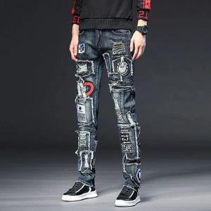 Lente en herfstmode trend gescheurd stiksel jeans mannen casual slank comfortabel ademende hoogwaardige broek 28-36 240425