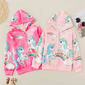 Lente en Herfst Modieuze Unicorn Rainbow Print Allover Hooded Coat For Kids Girl Clothes 210528
