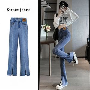 Lente en herfst met hoge taille jeans vrouwelijke gesplitste jeans flare y2k sexy retro vrouwelijke jeans slank blauw braakje jeans voor 240524