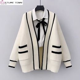 Lente en herfst Koreaanse versie losse middenlengte zak Academy Style mode trui vest jas dames gebreid 240103
