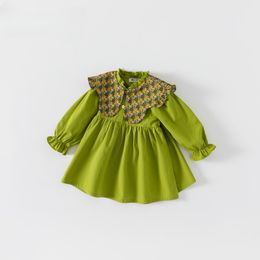 Version coréenne du printemps et d'automne de la jupe de petite robe de revers Green Floral Green Floral