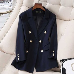 Printemps et automne dames costume de bureau élégant de haute qualité Double boutonnage Blazer veste féminin petit bleu 211006