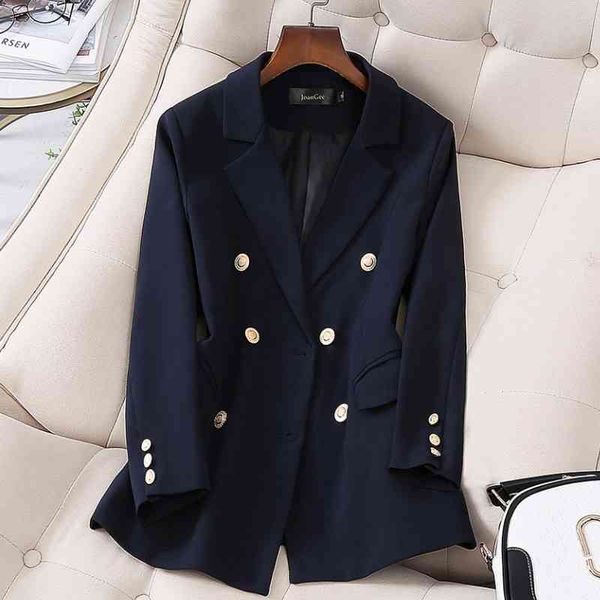 Traje de oficina para damas de primavera y otoño Elegante chaqueta de doble botonadura de alta calidad femenina pequeña azul 210527