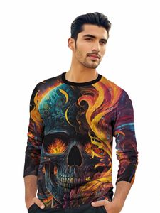 Printemps et automne Lg manches ras du cou Top 3D numérique imprimé corps imprimé tête de crâne motif peint à la main Graffiti hommes T-shirt 868B #