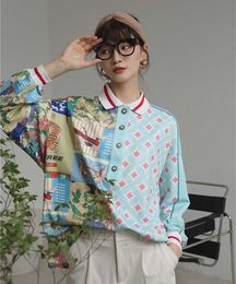 Lente en herfst lange mouwen polo blouse vrouwen losse Chinese stijl splicing retro gedrukt shirt plus size shirts 210615