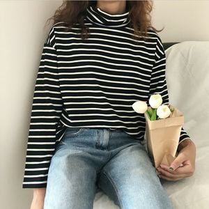 Lente en herfst lange mouwen Turtleneck Gestreepte Casual T-shirt Losse trui-RegualR Tops Vrouwelijke Doeken