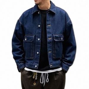 Printemps et automne veste en jean à épaules lâches pour hommes bleu foncé veste cargo japonaise poches cardigans à simple boutonnage vêtements pour hommes R153 #