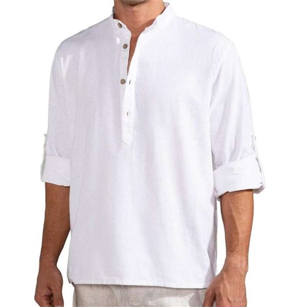 T-shirt à la mode pour hommes, chemise ample à manches longues en lin, en coton et lin, grande chemise à manches enroulables, printemps et automne
