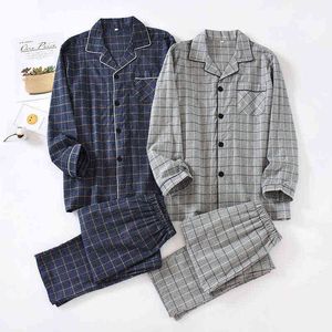 lente en herfst mannen plaid pyjama's, katoen flanel home service grote maat lange mouwen broek soft pak slaapslijtage mannen 211111