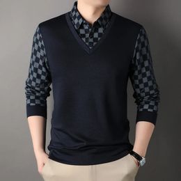 Primavera e outono pulôver masculino botão contraste painel xadrez manga longa tshirt falso duas peças polo inferior moda casual tops 240103