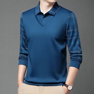 Primavera y otoño Jersey para hombre Cuello Botón a cuadros Panel de color sólido Polo Parte inferior Camisa de manga larga Moda Casual Tops formales 231228