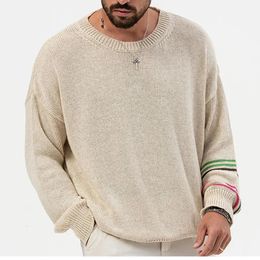 Printemps et automne hommes mince pull côtelé à manches longues col rond en vrac tricoté fleur mode décontracté haut tricoté vêtements pour hommes 240104