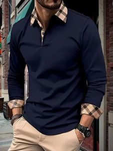 Leer- en herfstheren Casual Business Business Long Sleved Polo Shirt Fashion Plaid Stripe Cuff Adem 240403