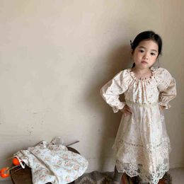 Printemps et automne nouvelle arrivée robe de fille de style coréen princesse à manches longues deux pièces avec tablier en maille de dentelle pour bébés filles mignonnes G1129