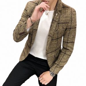 Printemps et Automne Nouvelle Boutique Style Japonais Imprimer Col Montant Hommes Veste Décontractée Slim Mâle Manteau Mâle Costume À Carreaux Veste Blazer I8Ln #