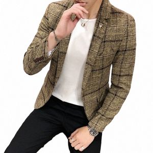 printemps et automne nouvelle boutique style japonais imprimé col montant hommes veste décontractée mince manteau mâle mâle costume à carreaux veste blazer m7zK #