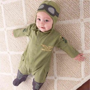 Primavera y otoño nuevo piloto infantil mono y sombrero verde militar traje para niños pequeños bebé niño y niña mameluco mono G1218261G