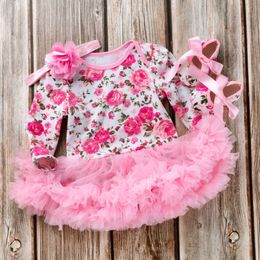 Lente en herfst Nieuwe Koreaanse editie Baby Girl Rose Long Sleeve Bodysuit Rose Print Dress Fashion Mesh Children's Dress