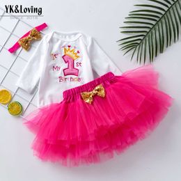 Lente en herfst nieuw product meisje baby schattige borduurbrief 1 lange mouw lieverd rose rode prinses jurk set