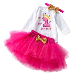 Lente en herfst nieuw product meisje baby schattige borduurbrief 1 lange mouw lieverd rose rode prinses jurk set