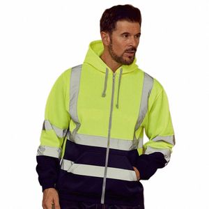 Printemps et automne Nouvelle tendance Sweat à capuche pour hommes Bande réfléchissante Sanitati Vêtements de travail Grab Veet Correspondant Couleur Zipper Sweat à capuche Hommes a6Sj #