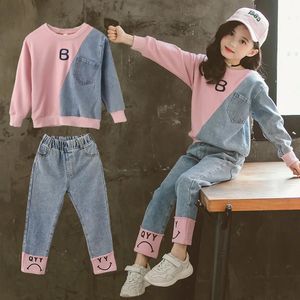 Lente- en herfstpatchset kindersportkleding vergelijking meisjessportkleding+jeansset tweedelige kinderkleding hoodieset 3-16 jaar 240218