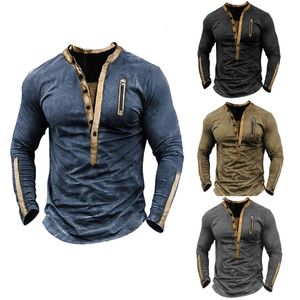 Lente en Herfst Retro Heren Henley Hals Lange Mouw Casual Losse Trui Gesplitst Knappe Outdoor T-shirt Tactica Top 240226