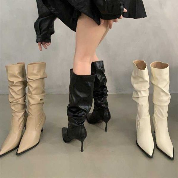 Bottes longues pointues et froissées pour femmes, nouvelle édition coréenne, mode printemps et automne, mode loisirs, hautes et fines en cuir pour femmes