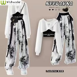 Conjunto de primavera y otoño para mujer, diseño coreano de manga larga, TopTank, pantalones con pernera ancha, conjunto de tres piezas a la moda 240113