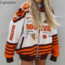 Lente en herfst sport stijl oranje brief gedrukt casual losse standaard kraag lange mouw jas honkbaljas vrouwen 211014