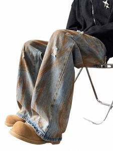 lente en herfst tie-dyed distred jeans, heren rechte pijpen Amerikaans trendy merk schurk knappe casual hiphop hoog 2024 N1OE #