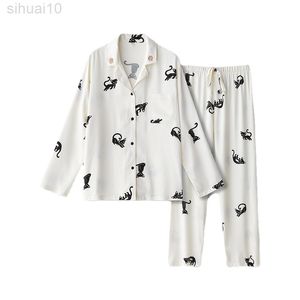 Lente en herfst vrouwen mode high-end huizenpak satijnen cartoon witte zwarte kat pyjama lage mouwen broek vrouw pijama l220803