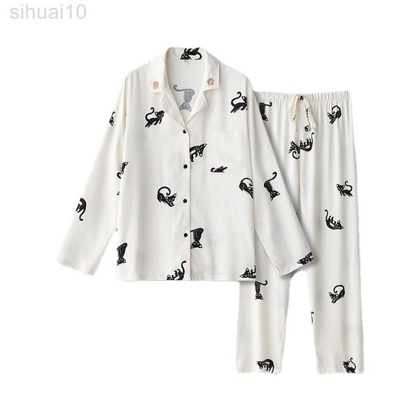 Printemps et automne femmes mode haut de gamme Homewear costume Satin dessin animé blanc chat noir pyjamas pantalon à manches longues femme Pijama L220803