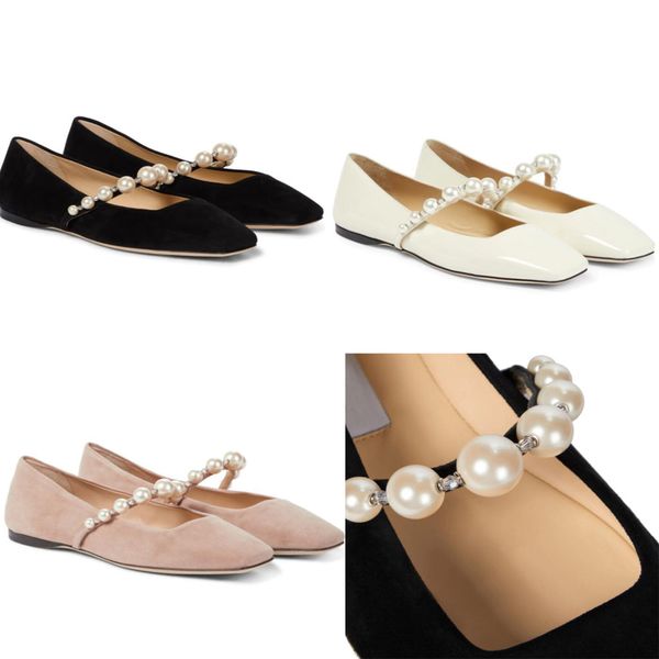 Printemps et automne Sandales pour femmes Designer de luxe couture Ade Chaussures plates de ballet en daim en cuir verni décoratif avec lanières étroites et perle