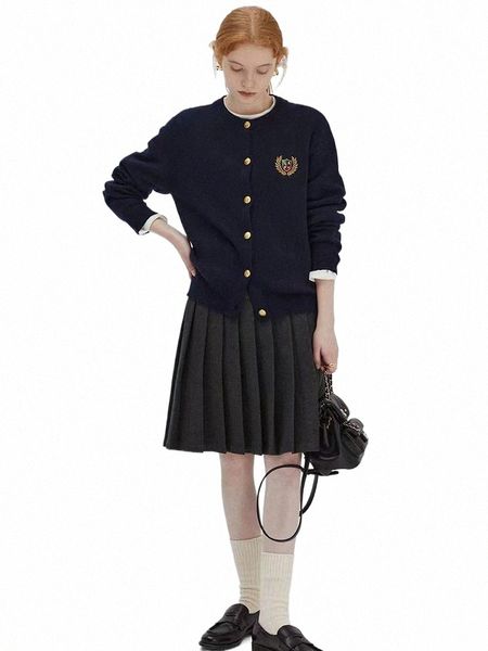 Printemps et automne laine pull tricoté Cardigan femme collège britannique Ctrast Badge brodé métal bout à bout t8O7 #