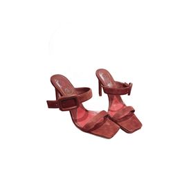 Spring and summer 2024 new style temperament square high-heeled slippers leather square buckle open-toed sexy thin-heeled word sandals